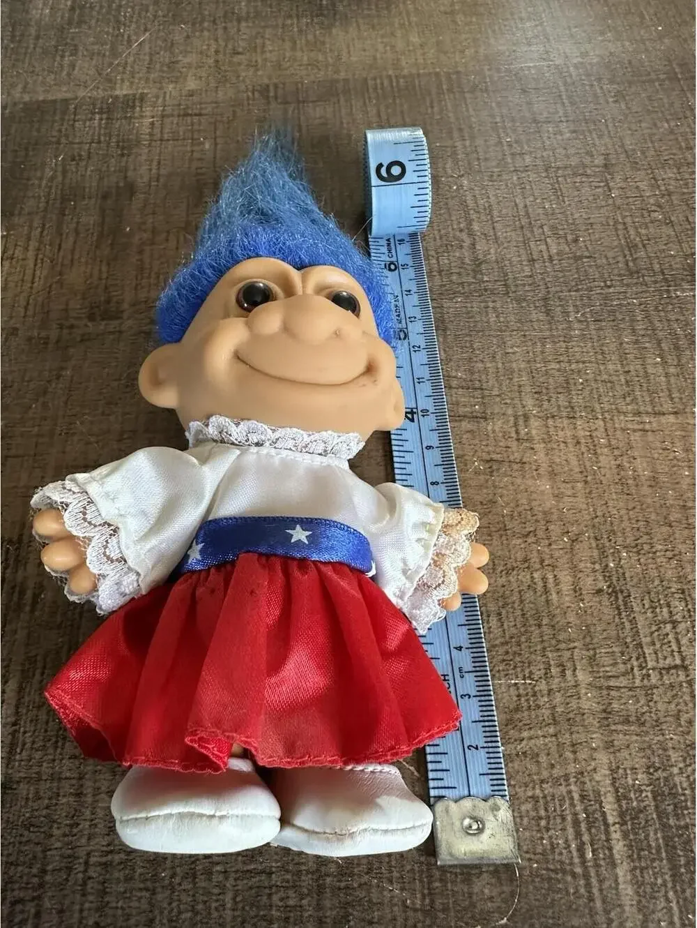Vintage Russ Blue Hair Troll Doll in Patriotic Dress